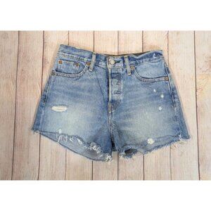LEVI'S Women's Medium Wash Blue Raw Hem Button Fly Shorts High Waisted Size 28